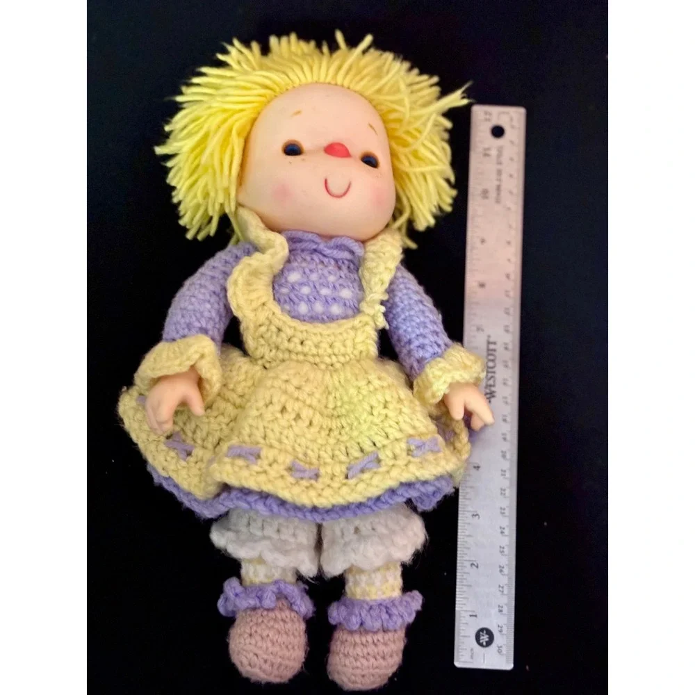 Vintage 1980s Handmade Crochet Doll Komfy Kids Style Vinyl Freckle Face